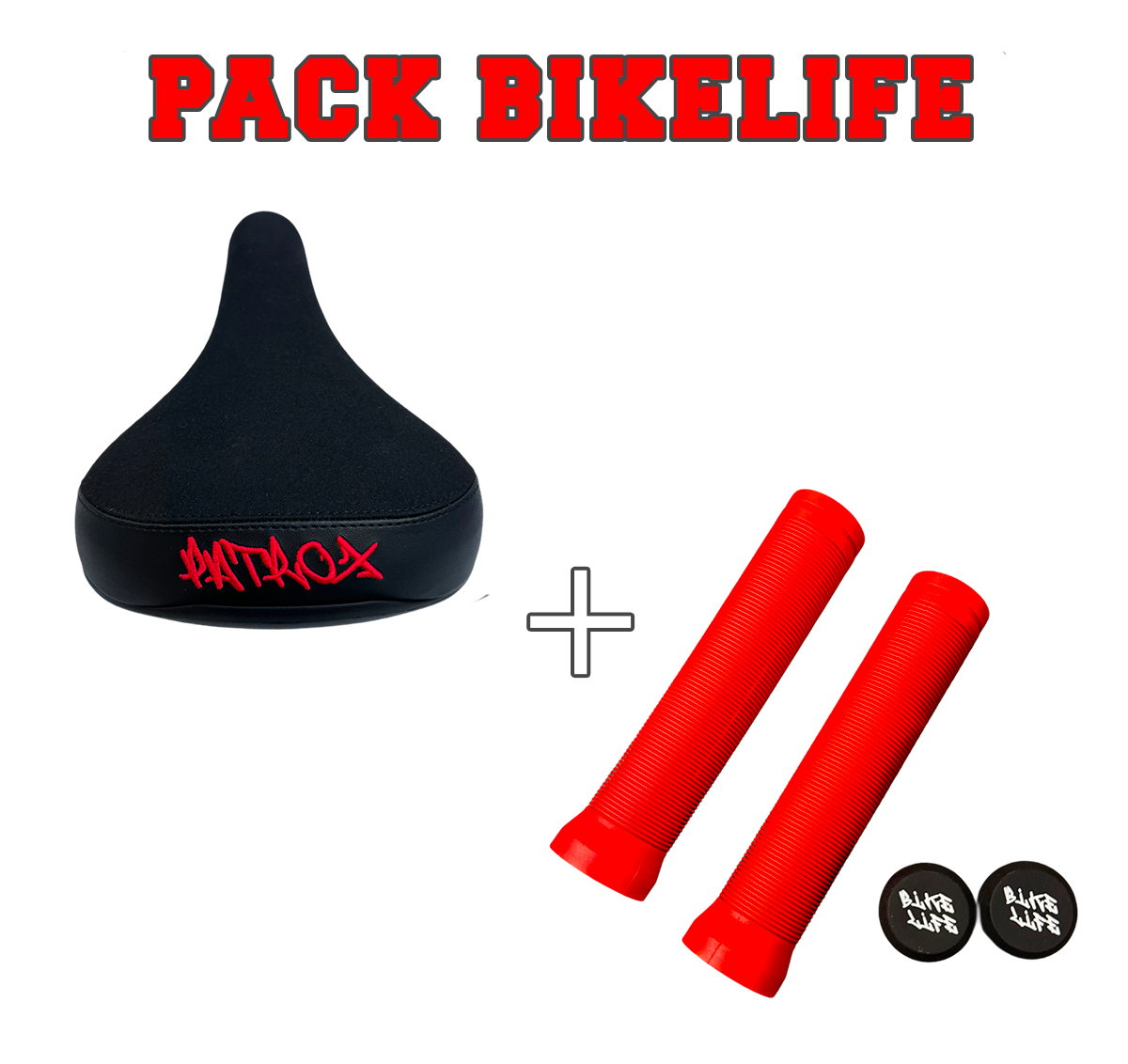 PACK BIKELIFE Patrox – Poignées 145 mm Rouge + Selle Patrox Rouge